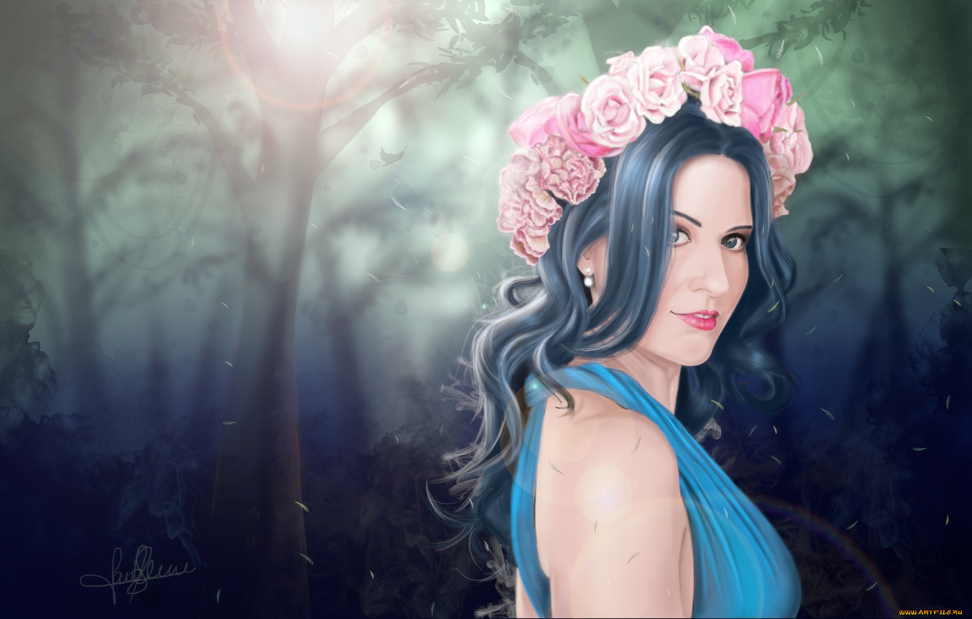 рисованное, люди, девушка, лес, цветы, венок, арт