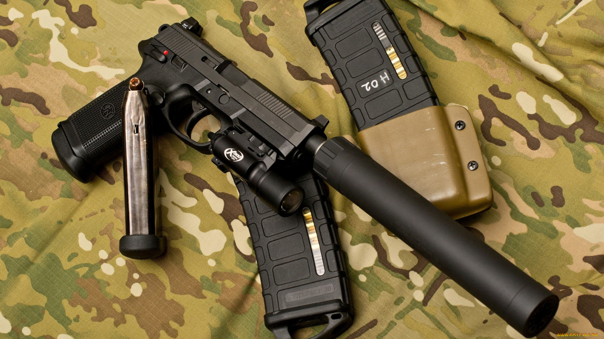 оружие, пистолеты, с, глушителемглушители, глушитель, фонарик, пистолет, камуфляж