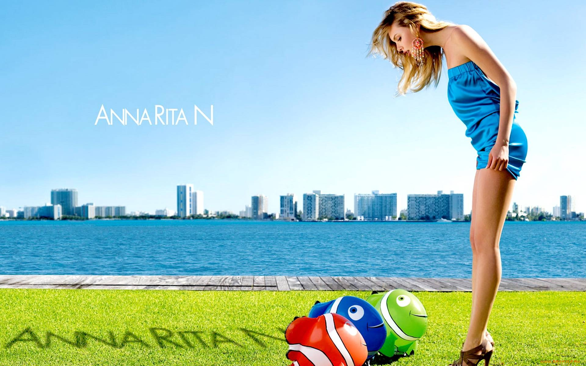 девушки, -unsort, , блондинки, озеро, игрушки, блондинка, платье, дома, лужайка