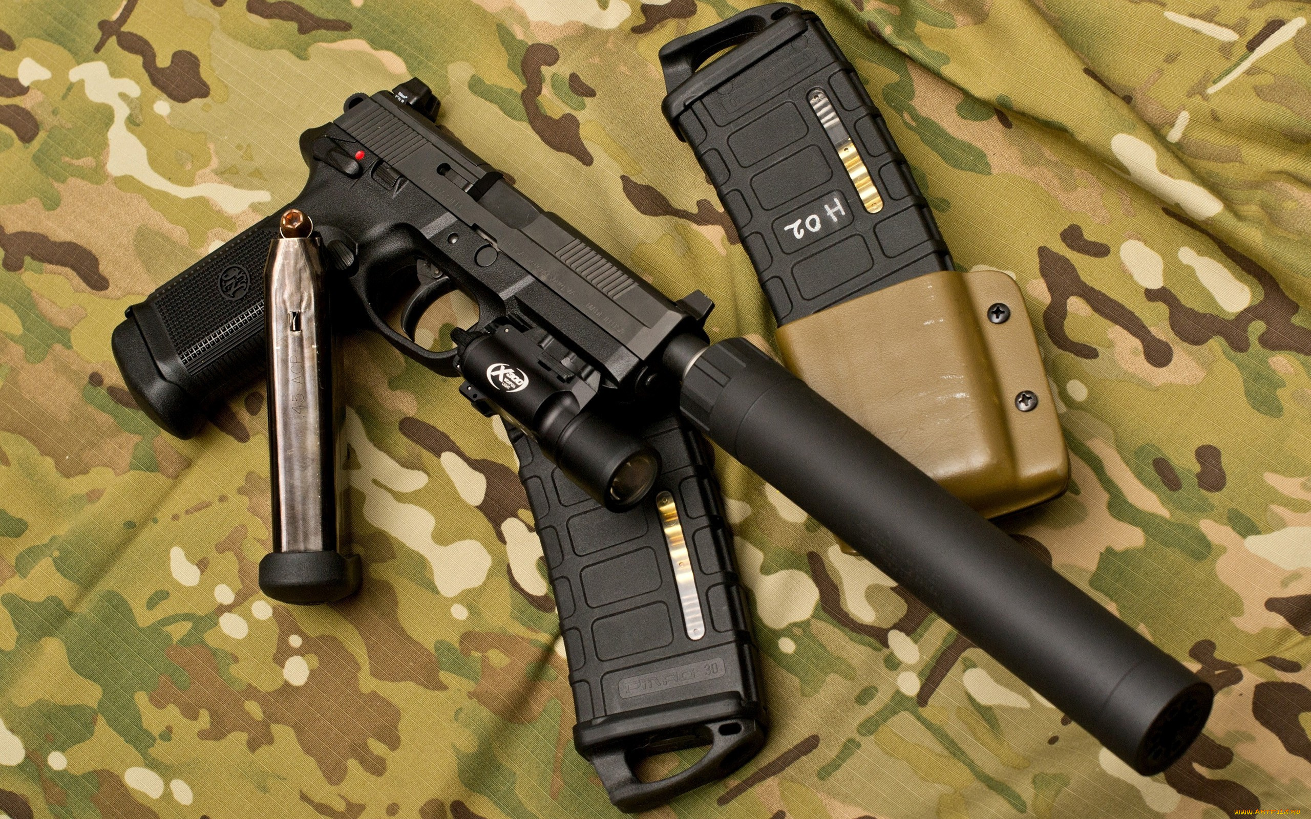 оружие, пистолеты, с, глушителемглушители, глушитель, фонарик, пистолет, камуфляж