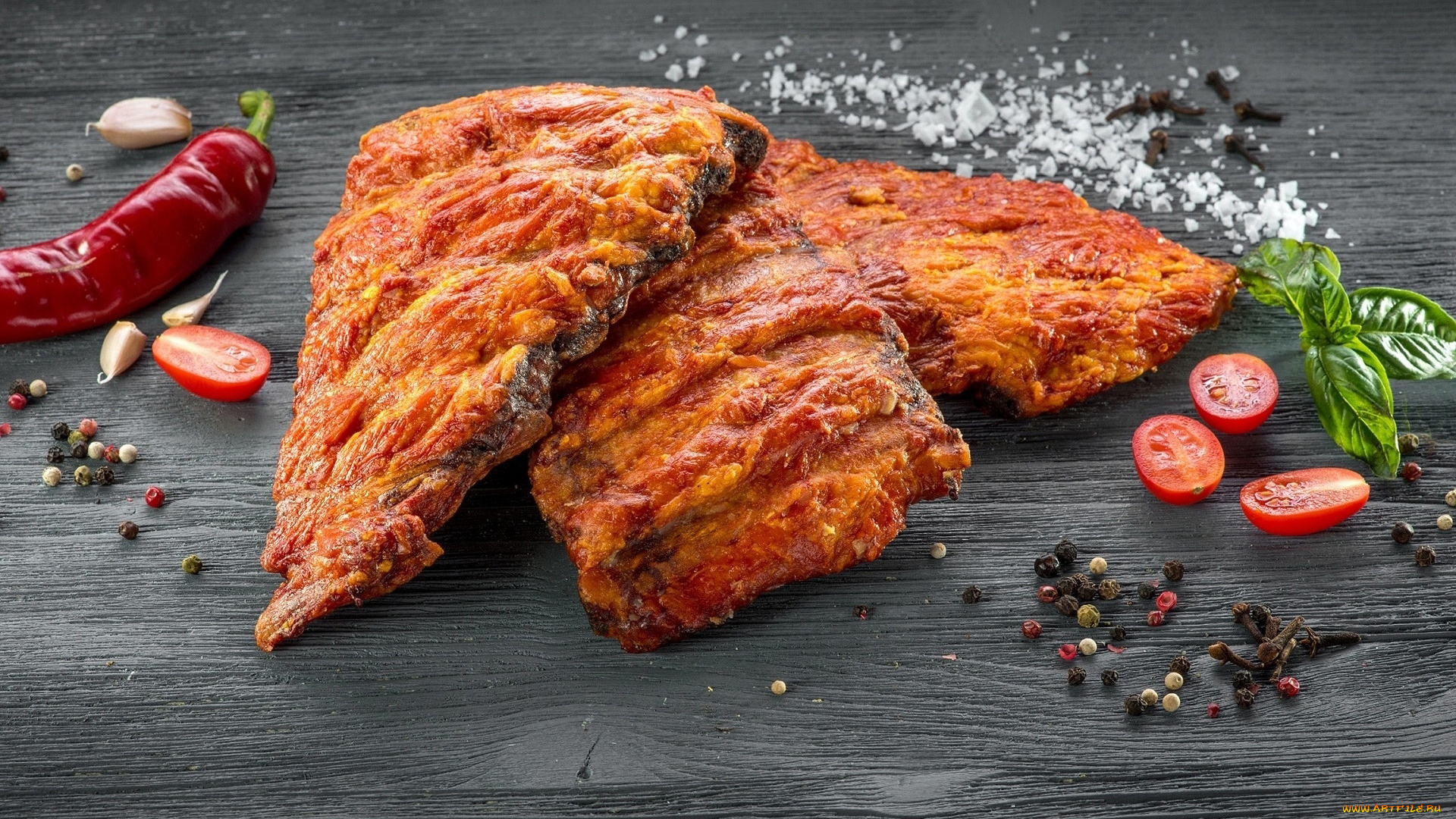 еда, мясные, блюда, помидоры, соль, базилик, перец, ребрышки, томаты