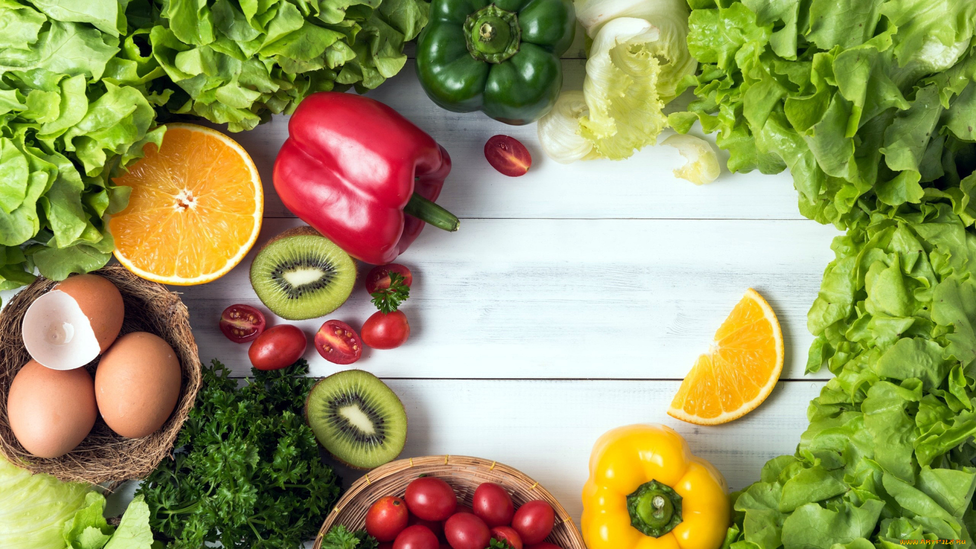 еда, разное, перец, помидоры, киви, апельсин, яйца, петрушка, салат