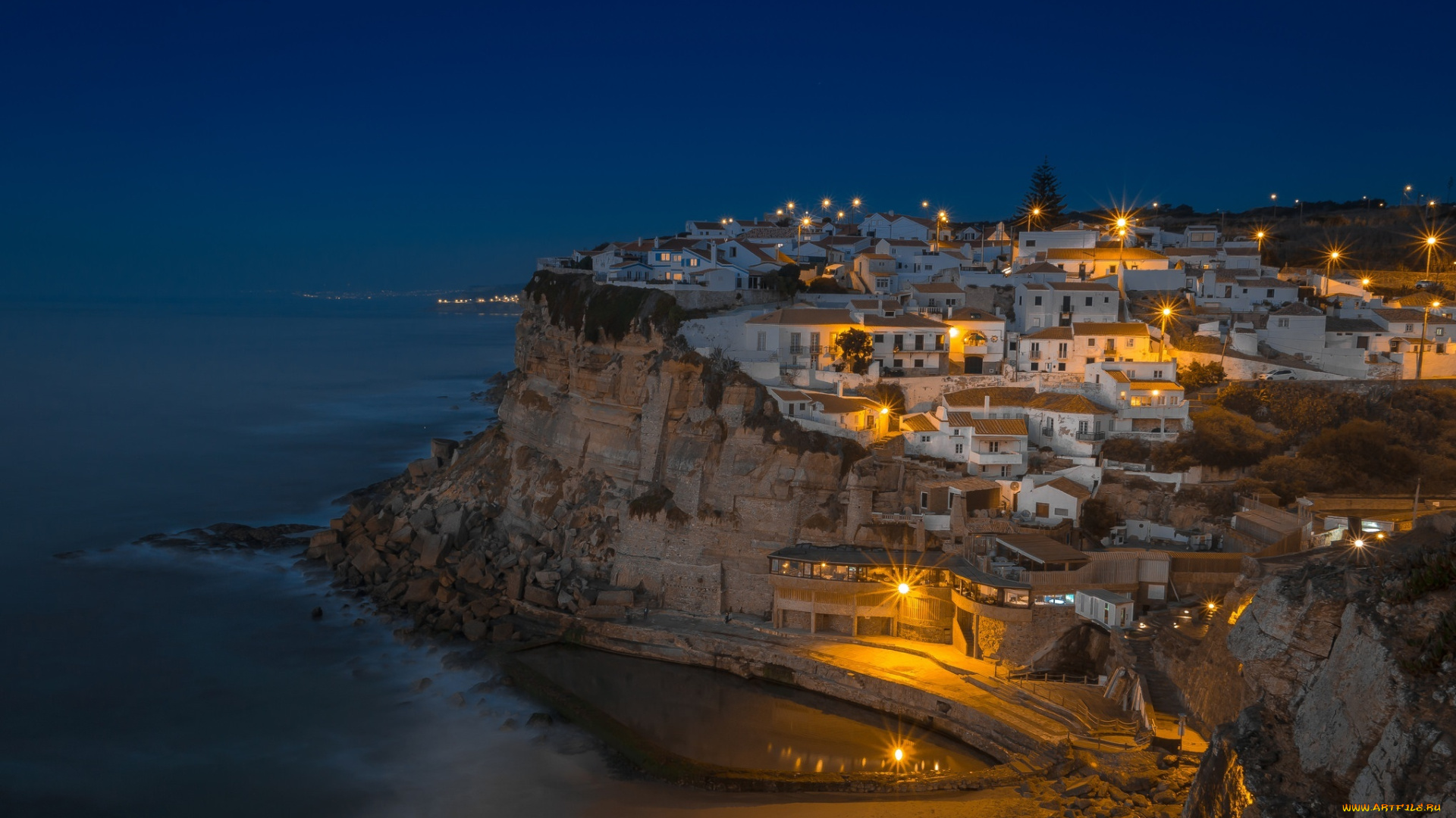 города, -, огни, ночного, города, море, дома, панорама, ночь