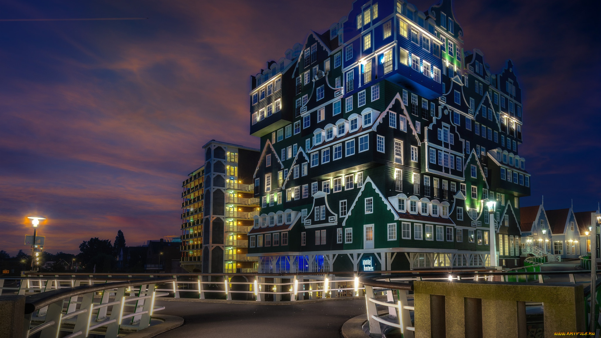 города, -, здания, , дома, голландия, огни, нидерланды, вечер, зандам, zaandam, отель