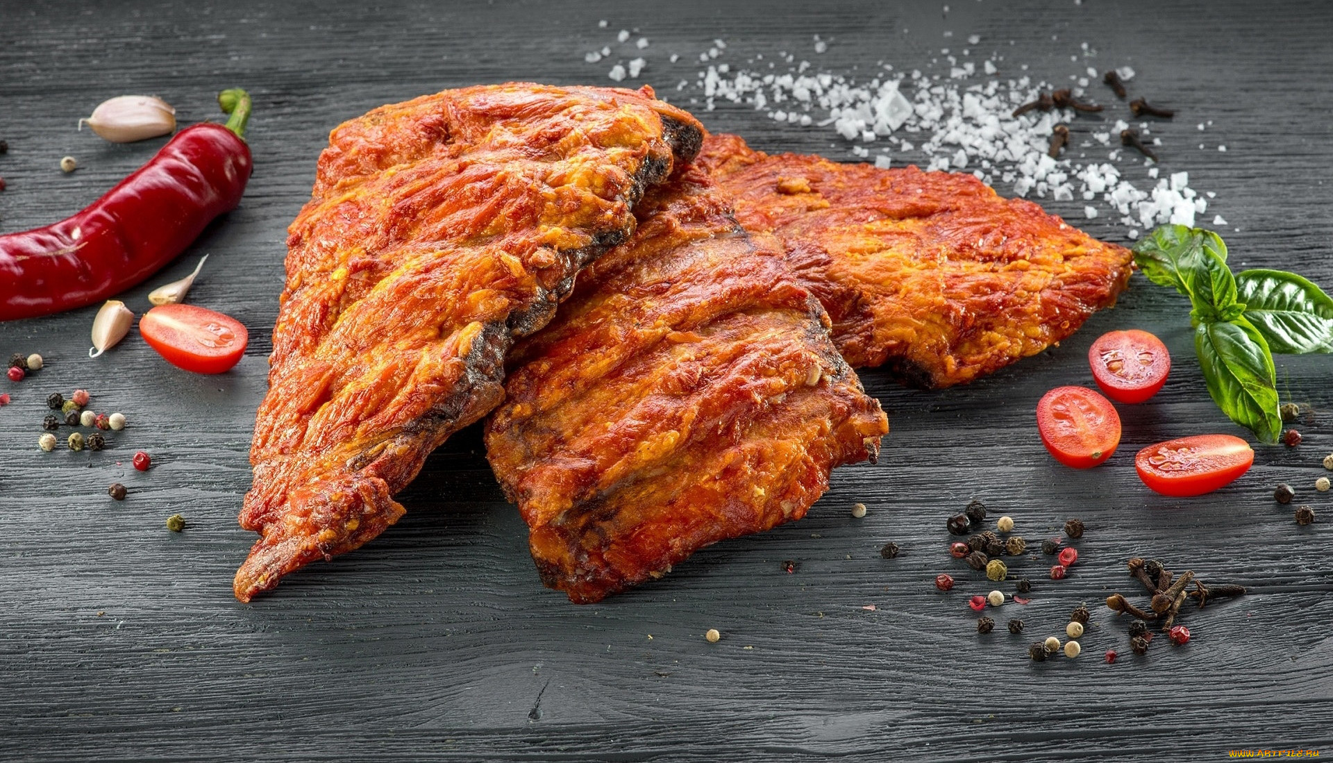 еда, мясные, блюда, помидоры, соль, базилик, перец, ребрышки, томаты