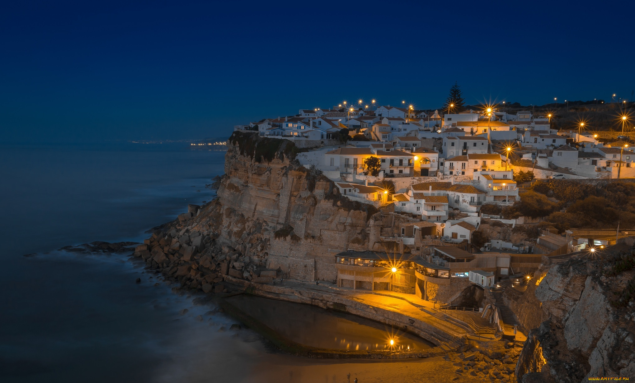 города, -, огни, ночного, города, море, дома, панорама, ночь