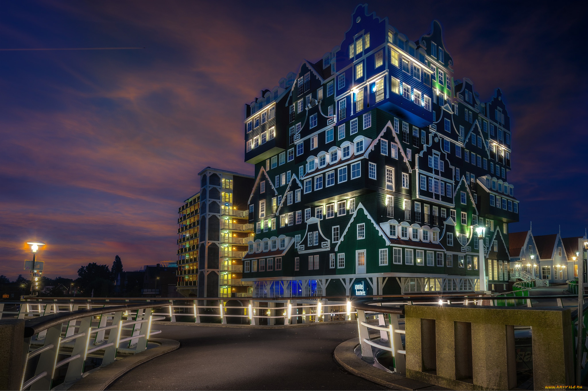 города, -, здания, , дома, голландия, огни, нидерланды, вечер, зандам, zaandam, отель