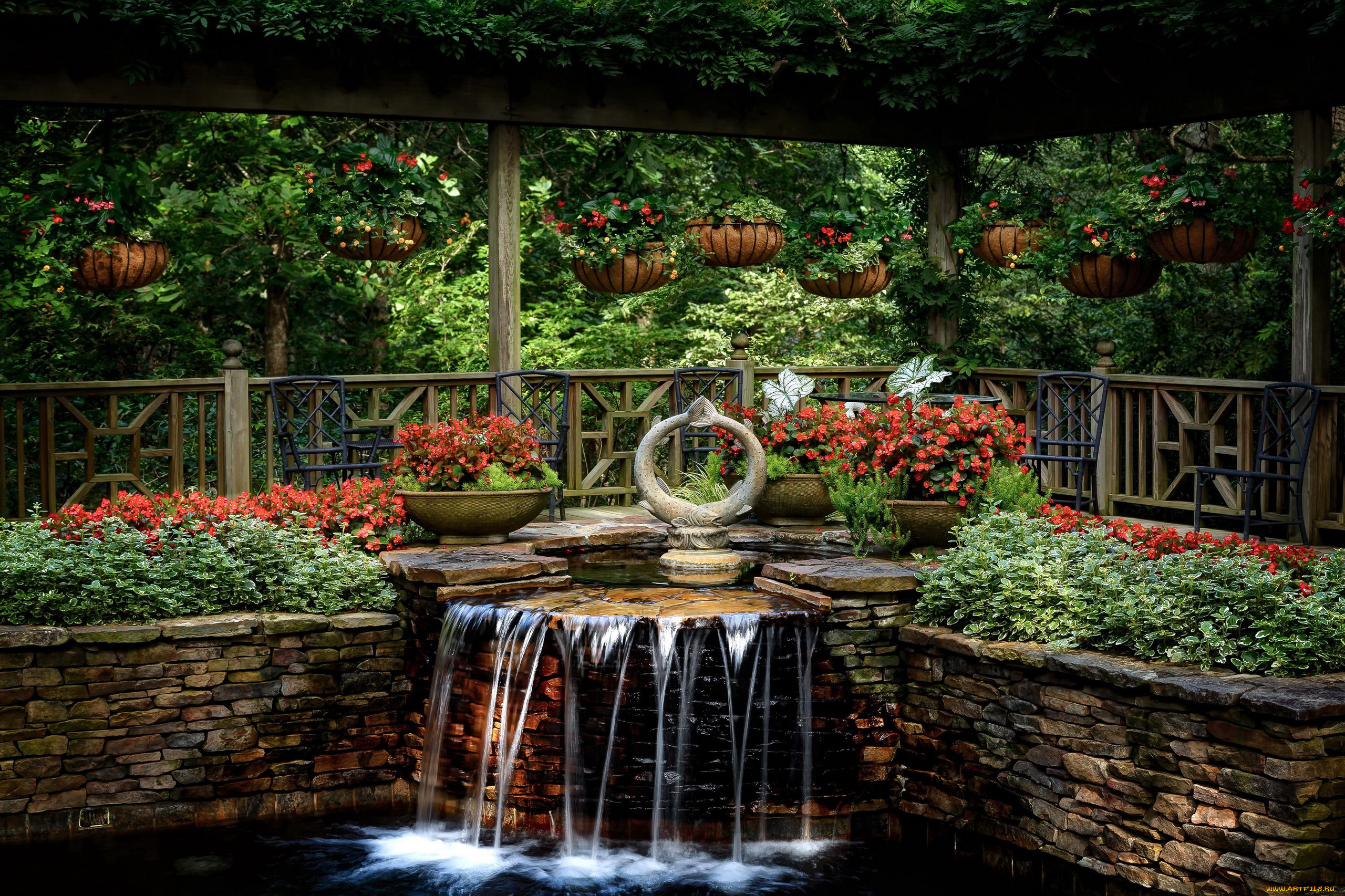 природа, парк, цветы, водоем, водопад