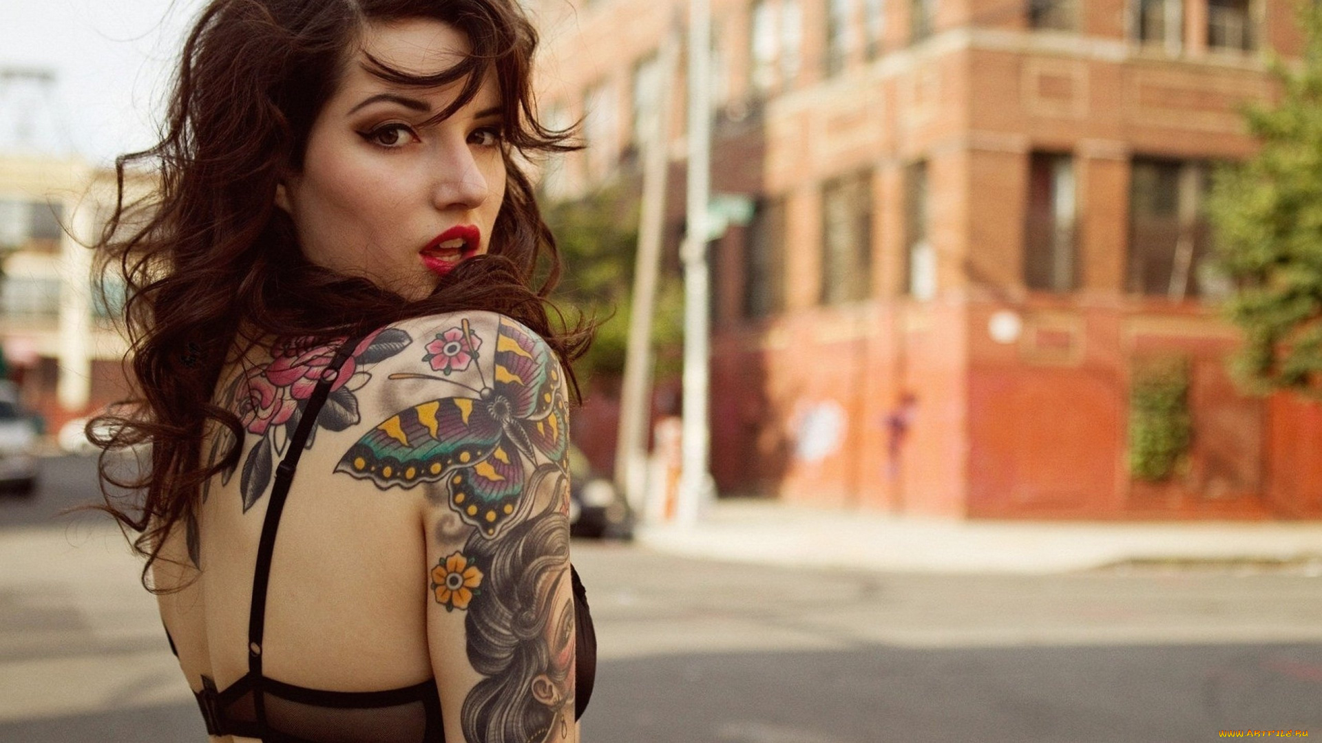 девушки, -, брюнетки, , шатенки, шатенка, тату, белье, улица, город