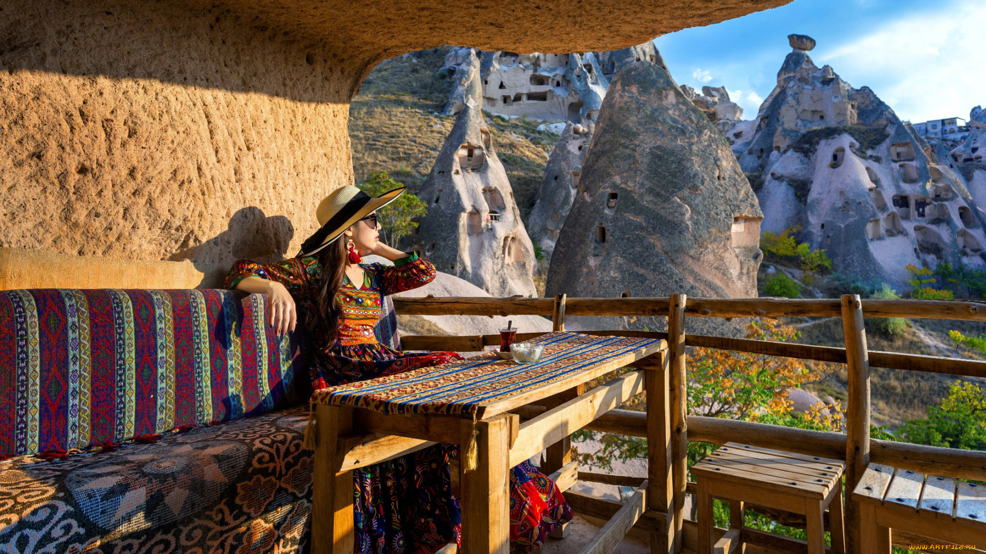 девушки, -, азиатки, горы, азиатка, шляпа, очки