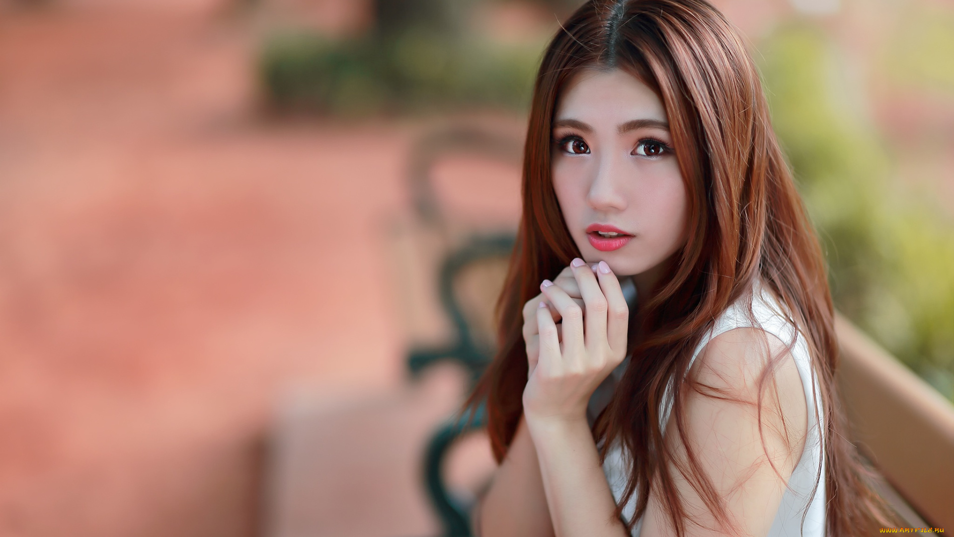 девушки, -, азиатки, шатенка, скамейка