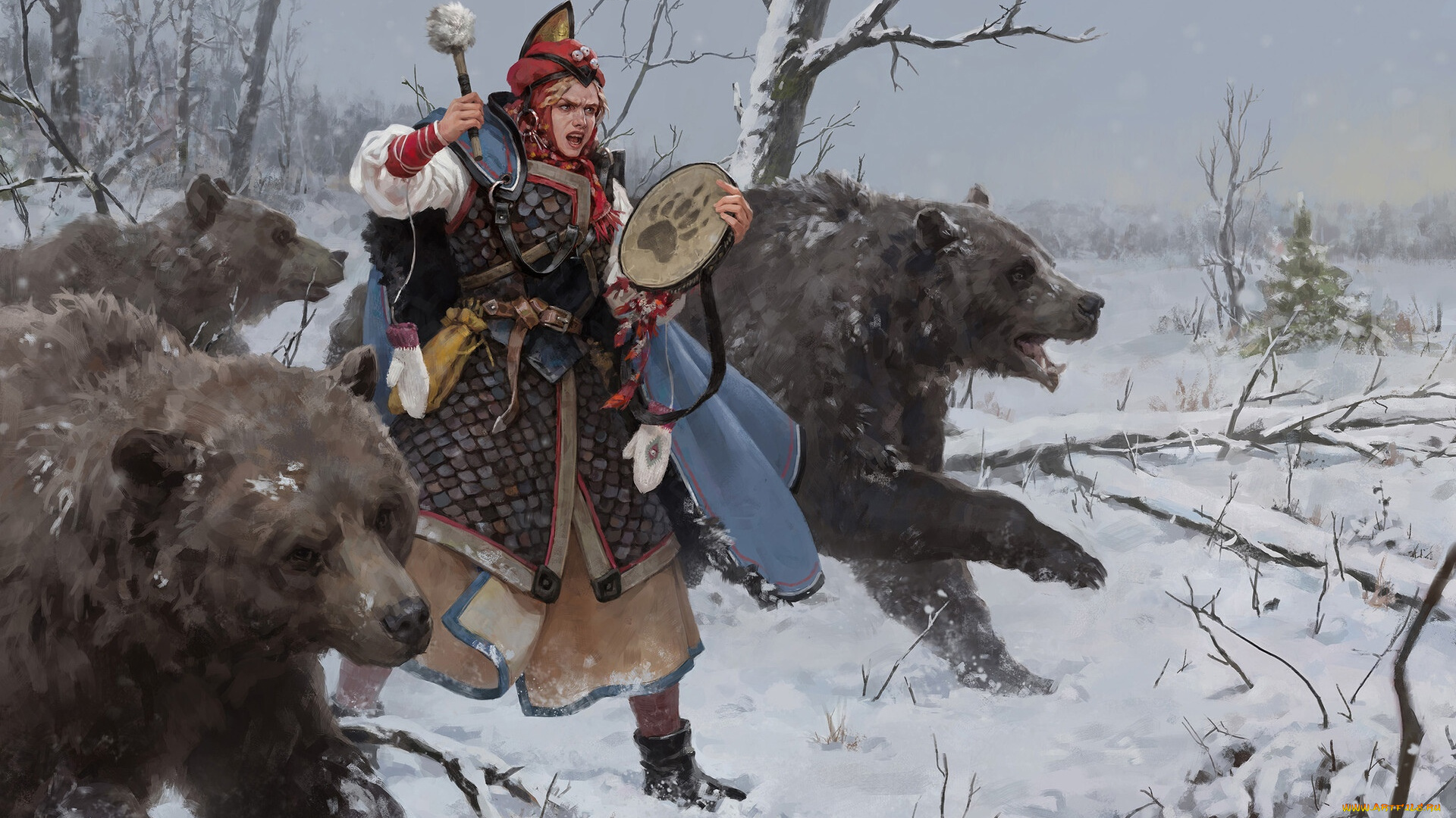 фэнтези, маги, , волшебники, шаманка, бубен, медведи, снег