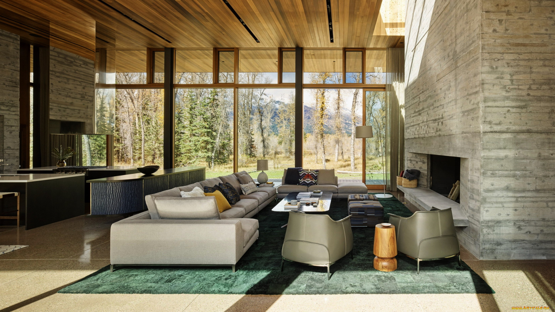 интерьер, гостиная, камин, мягкий, уголок