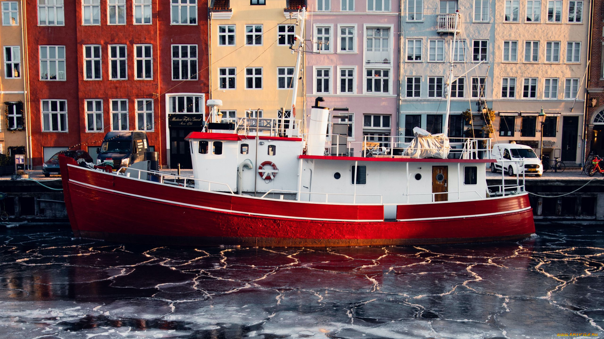 корабли, баржи, зима, канал, баржа, лед