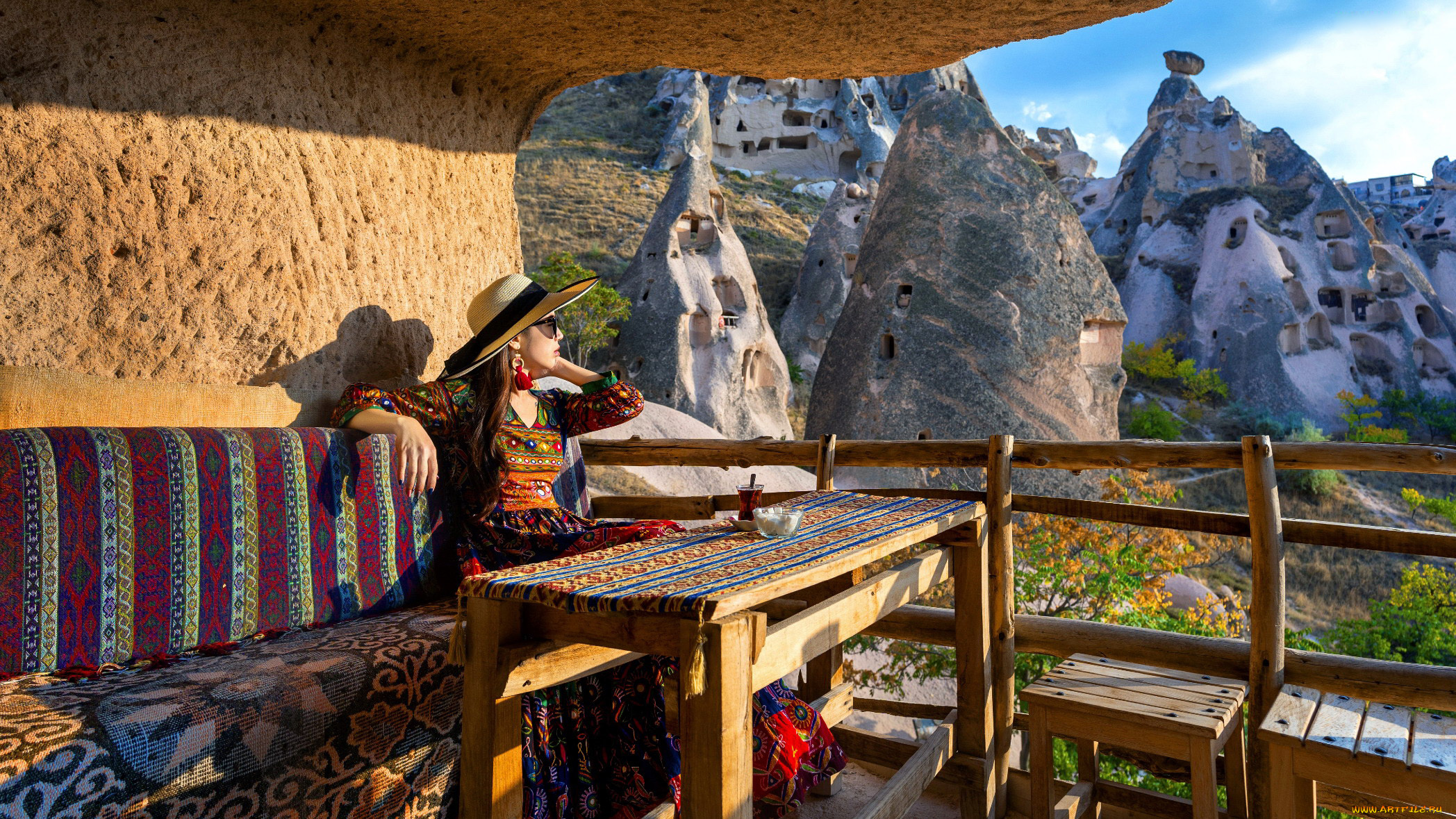 девушки, -, азиатки, горы, азиатка, шляпа, очки