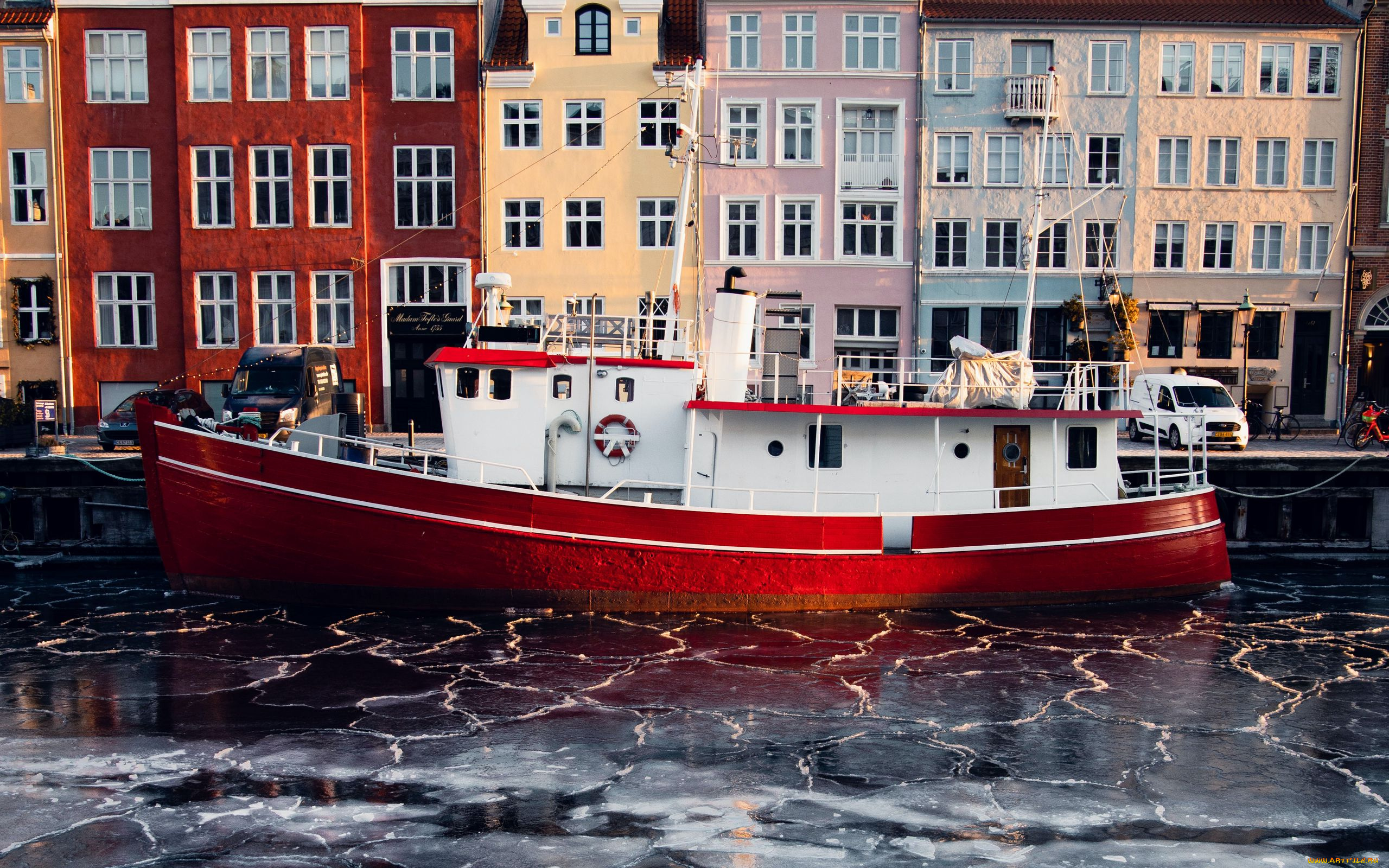 корабли, баржи, зима, канал, баржа, лед