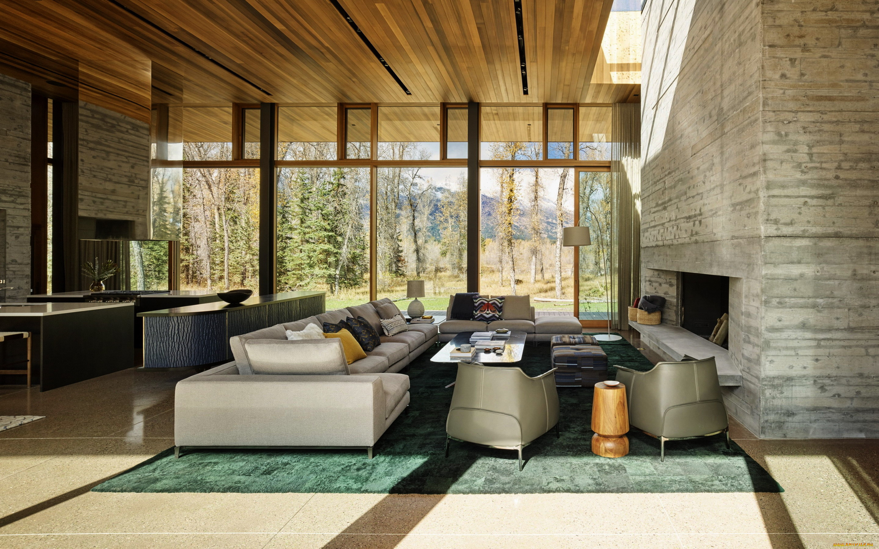 интерьер, гостиная, камин, мягкий, уголок