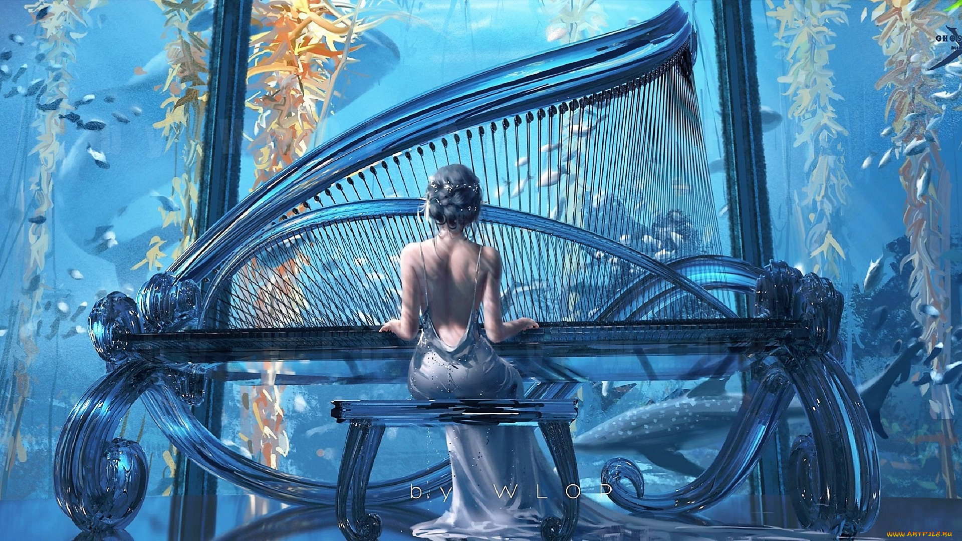 фэнтези, _ghost, blade, , , призрачный, клинок, девушка, музыка, инструмент, вода, обитатели