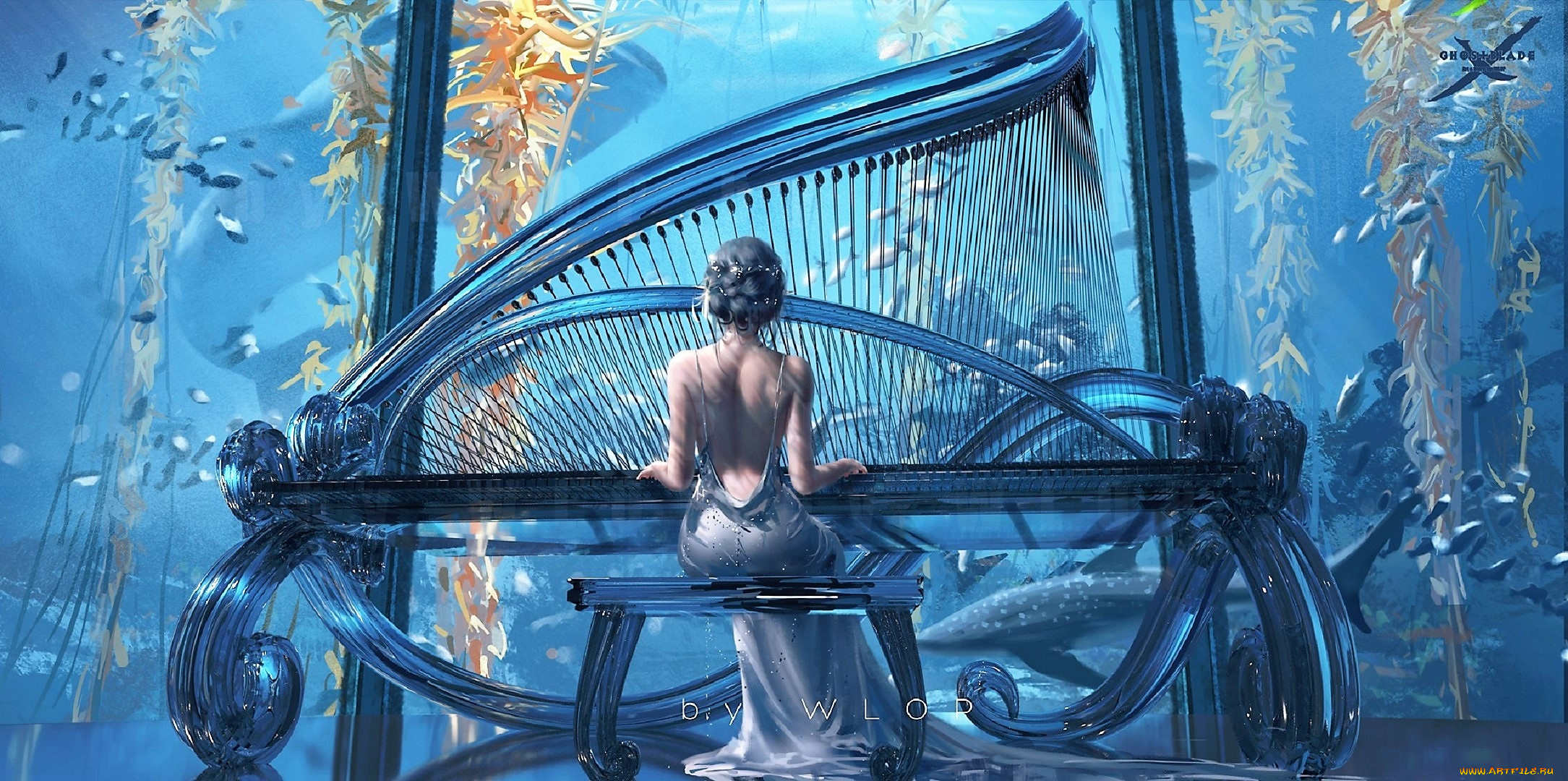 фэнтези, _ghost, blade, , , призрачный, клинок, девушка, музыка, инструмент, вода, обитатели