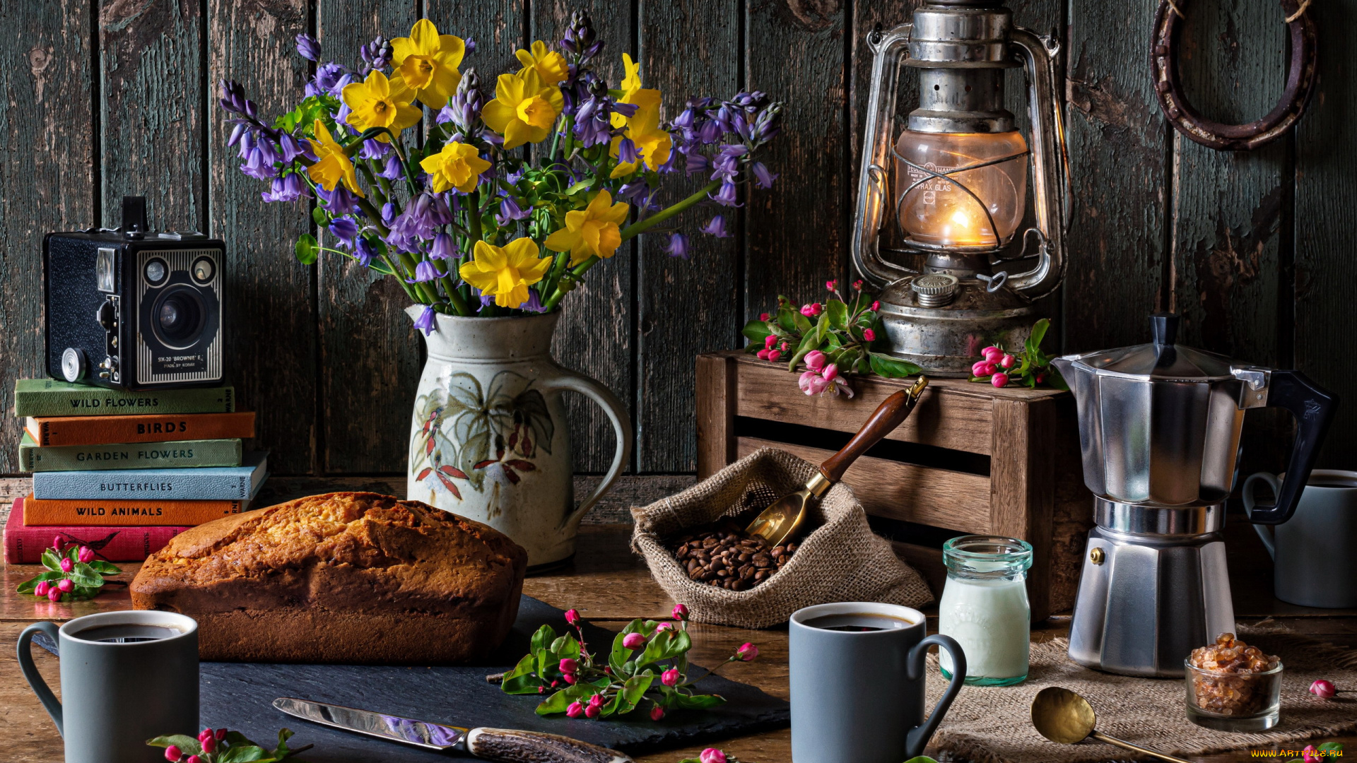 еда, натюрморт, фонарь, букет, кофейник, кофе, зерна, кофейные