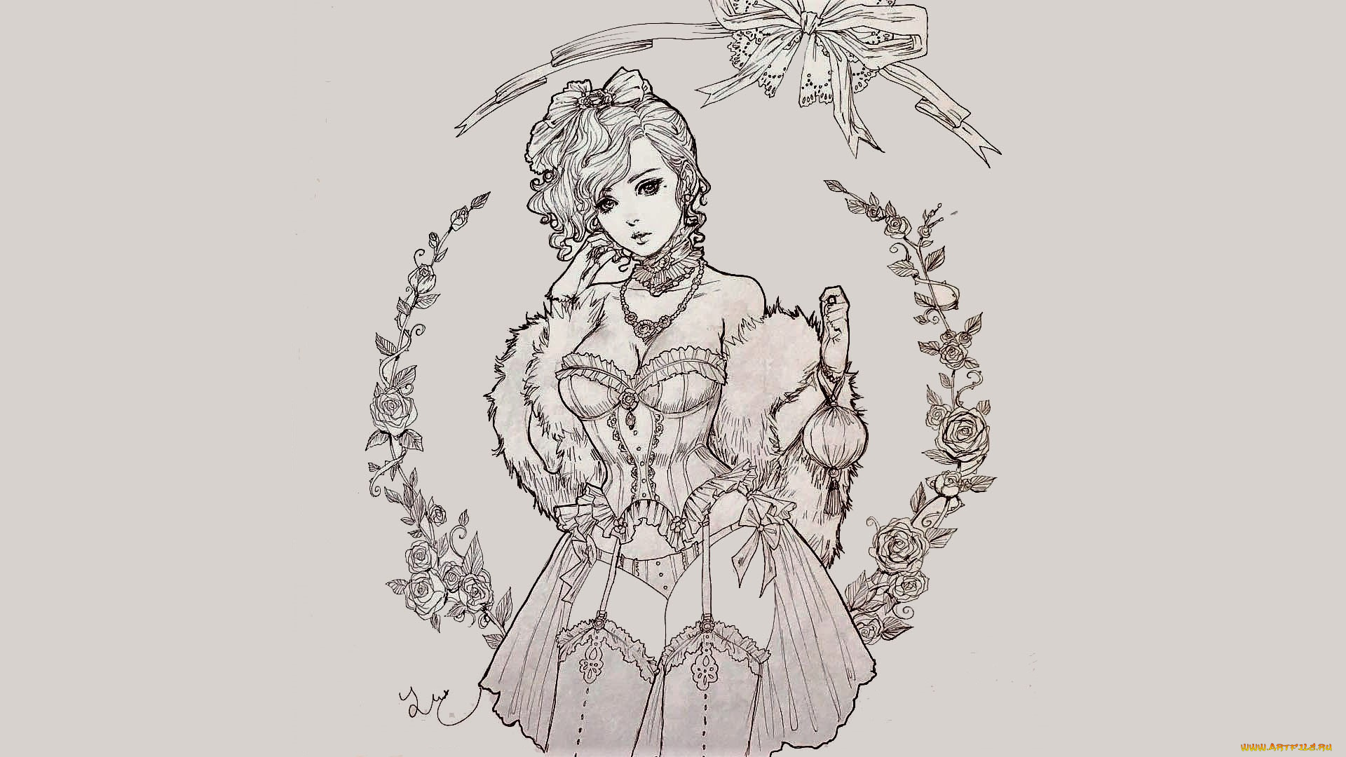 рисованное, люди, девушка, белье, цветы, бант