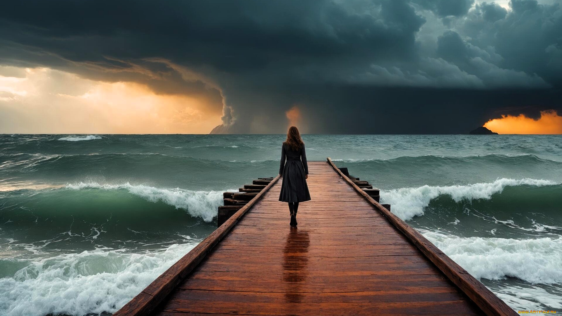 3д, графика, люди, , people, девушка, причал, море, шторм, тучи