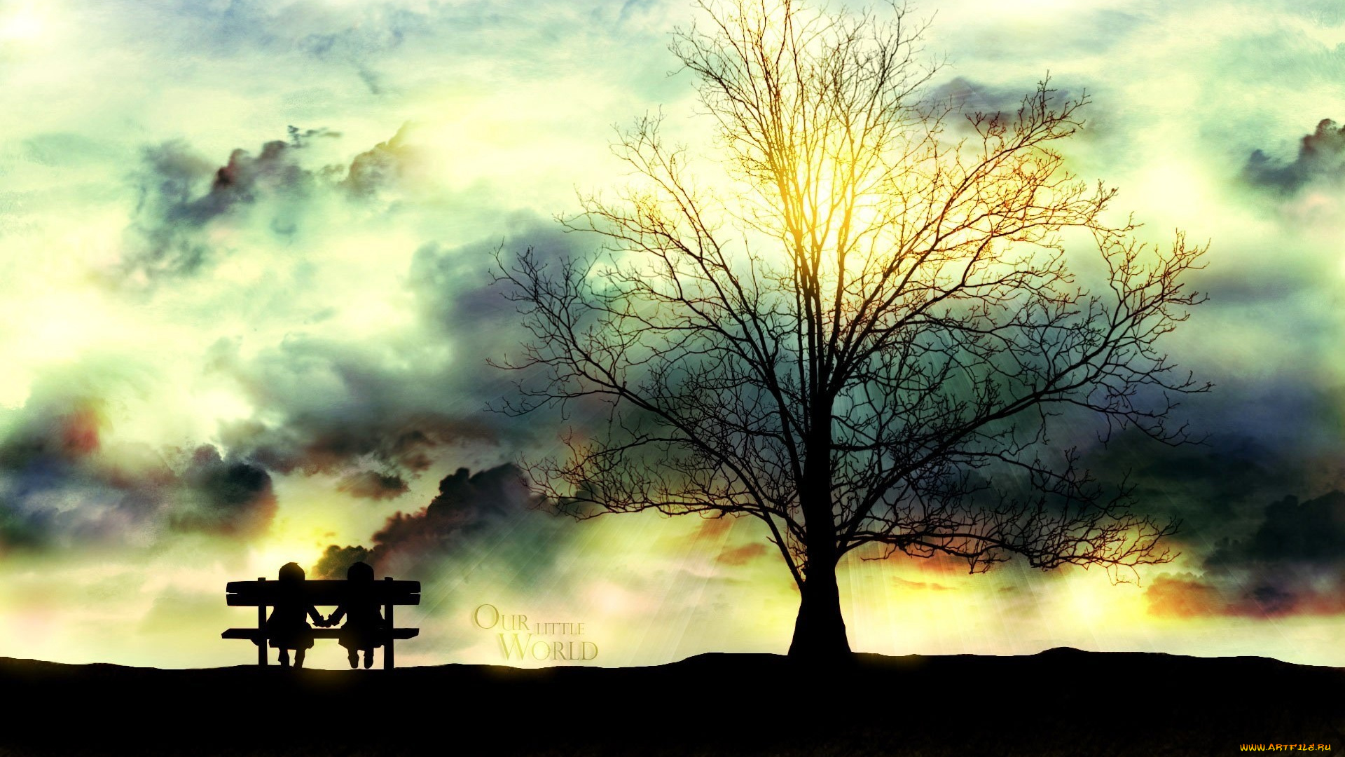 ouran, high, school, host, club, аниме, дерево, небо, тучи, силуэты, пара, любовь, скамейка