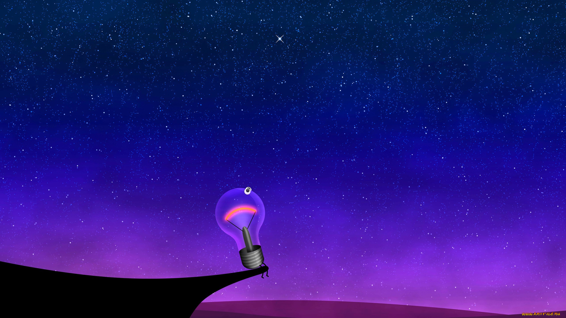 рисованное, vladstudio, небо, ночь, звезды, обрыв, лампочка