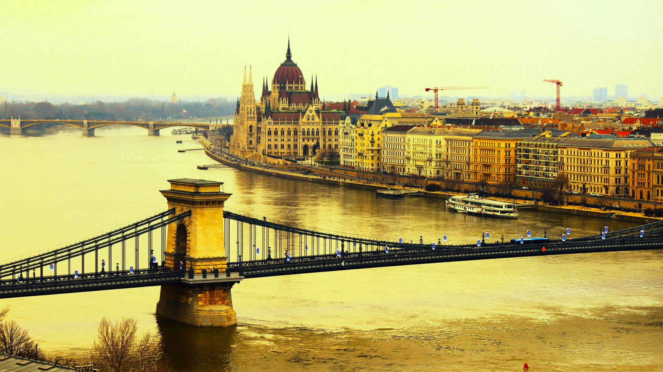 города, будапешт, , венгрия, река, мосты, панорама