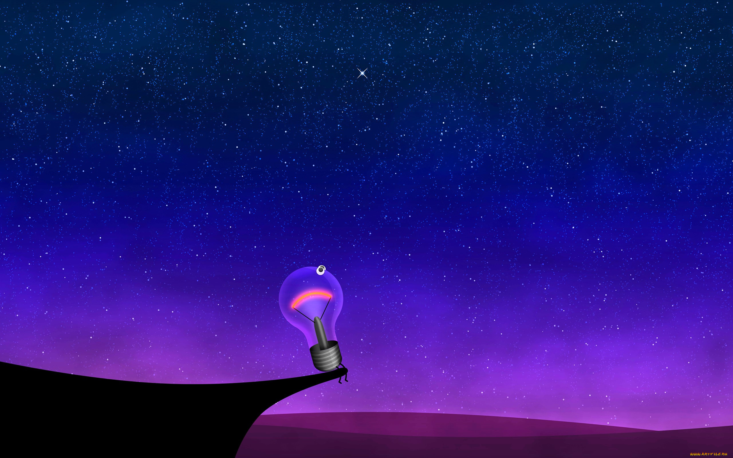 рисованное, vladstudio, небо, ночь, звезды, обрыв, лампочка