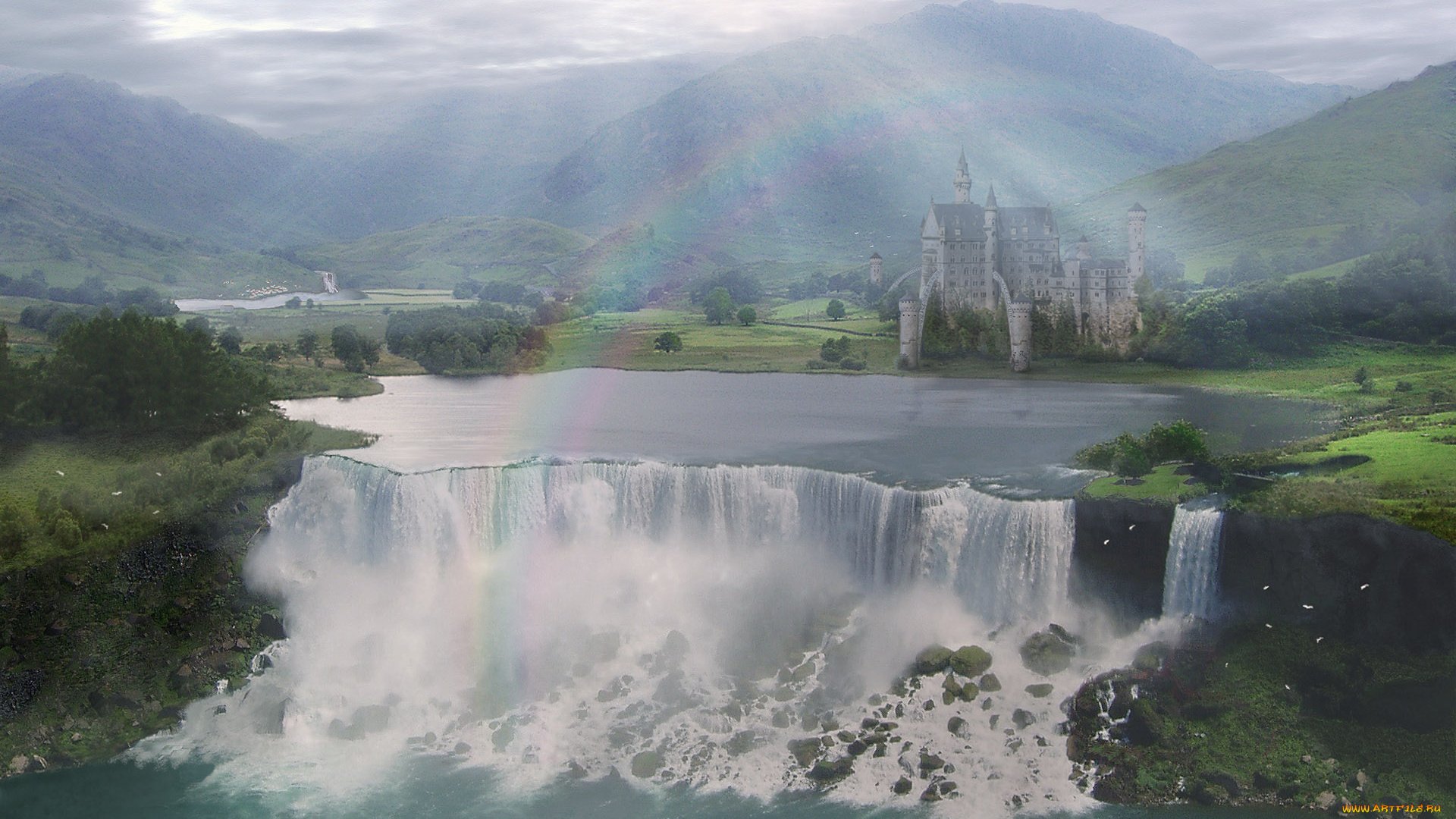 фэнтези, пейзажи, ricardo, garces, замок, водопад, радуга