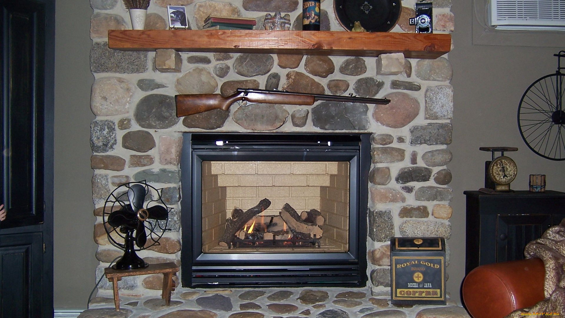 интерьер, камины, вентилятор, камин, ружье