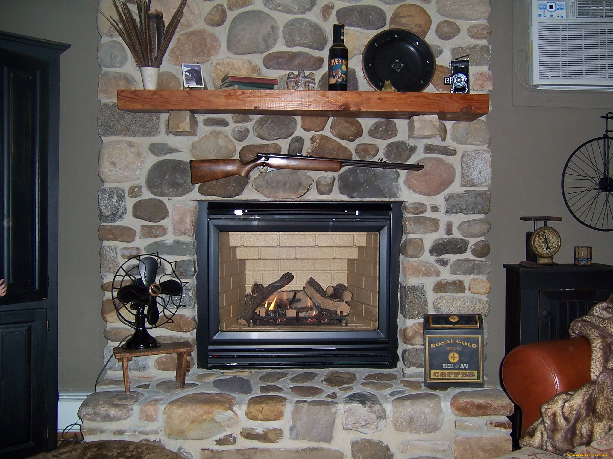 интерьер, камины, вентилятор, камин, ружье