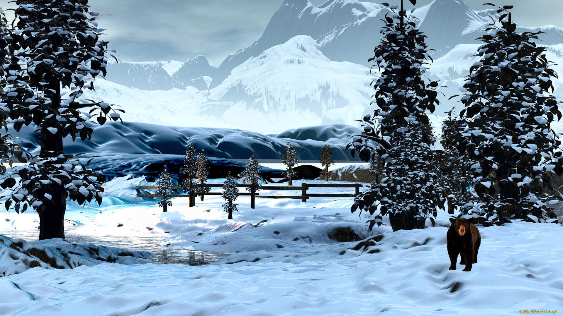 3д, графика, nature, landscape, природа, зима, деревья