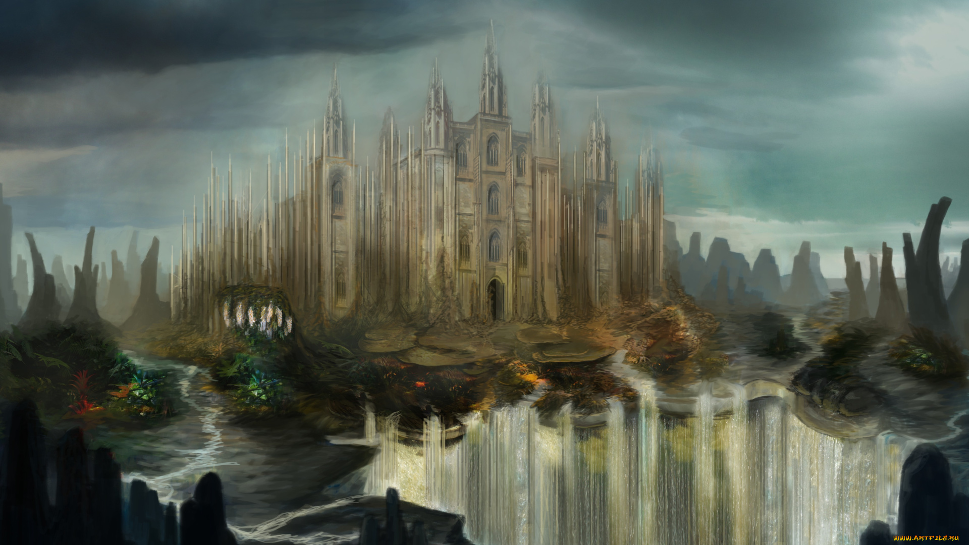 фэнтези, замки, замок, крепость, водопад, реки, скалы