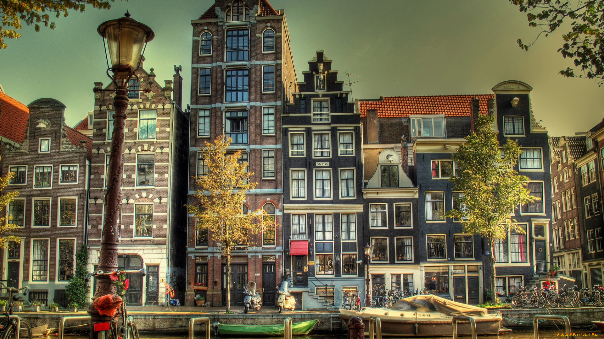 города, амстердам, нидерланды, причал, фонари, дома