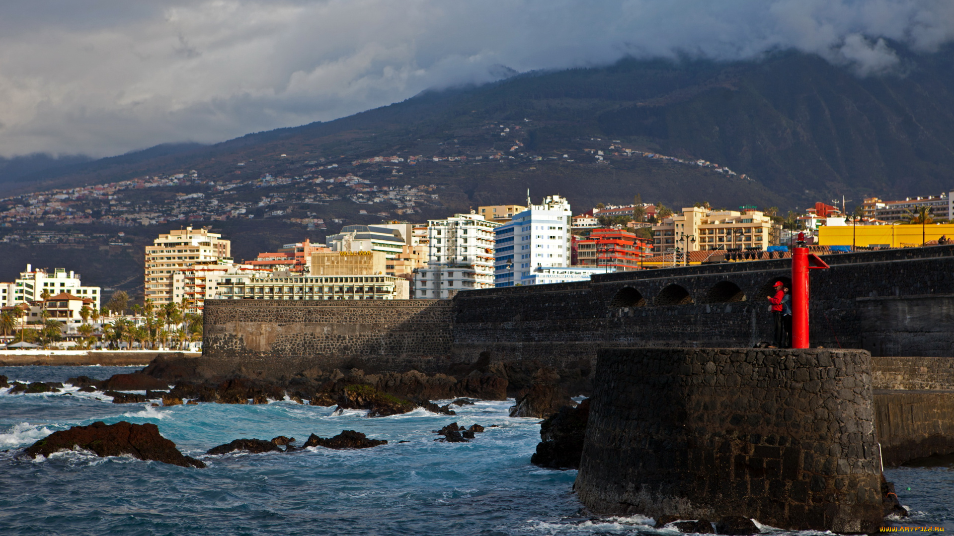 испания, канарские, острова, пуэрто, де, ла, крус, города, панорамы, море, пуэрто-де-ла-крус, горы, дома, мост, дымка
