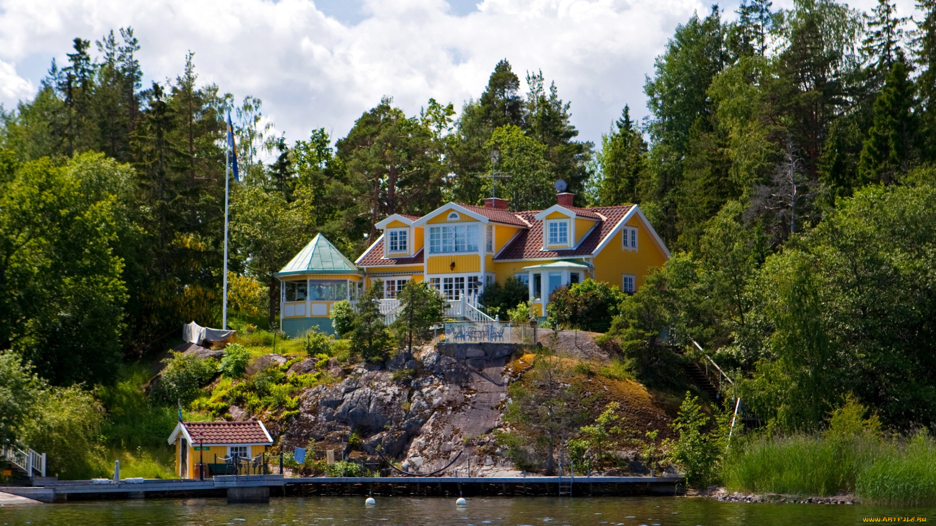швеция, svinninge, города, здания, дома, река, берег, лес