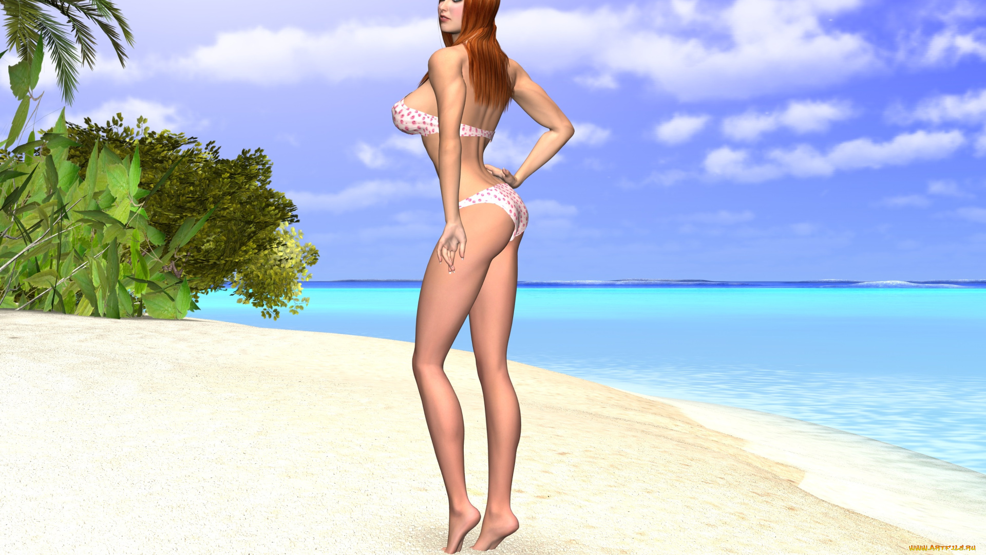 3д, графика, люди, , people, девушка, взгляд, пляж, бикини, песок, море, пальмы