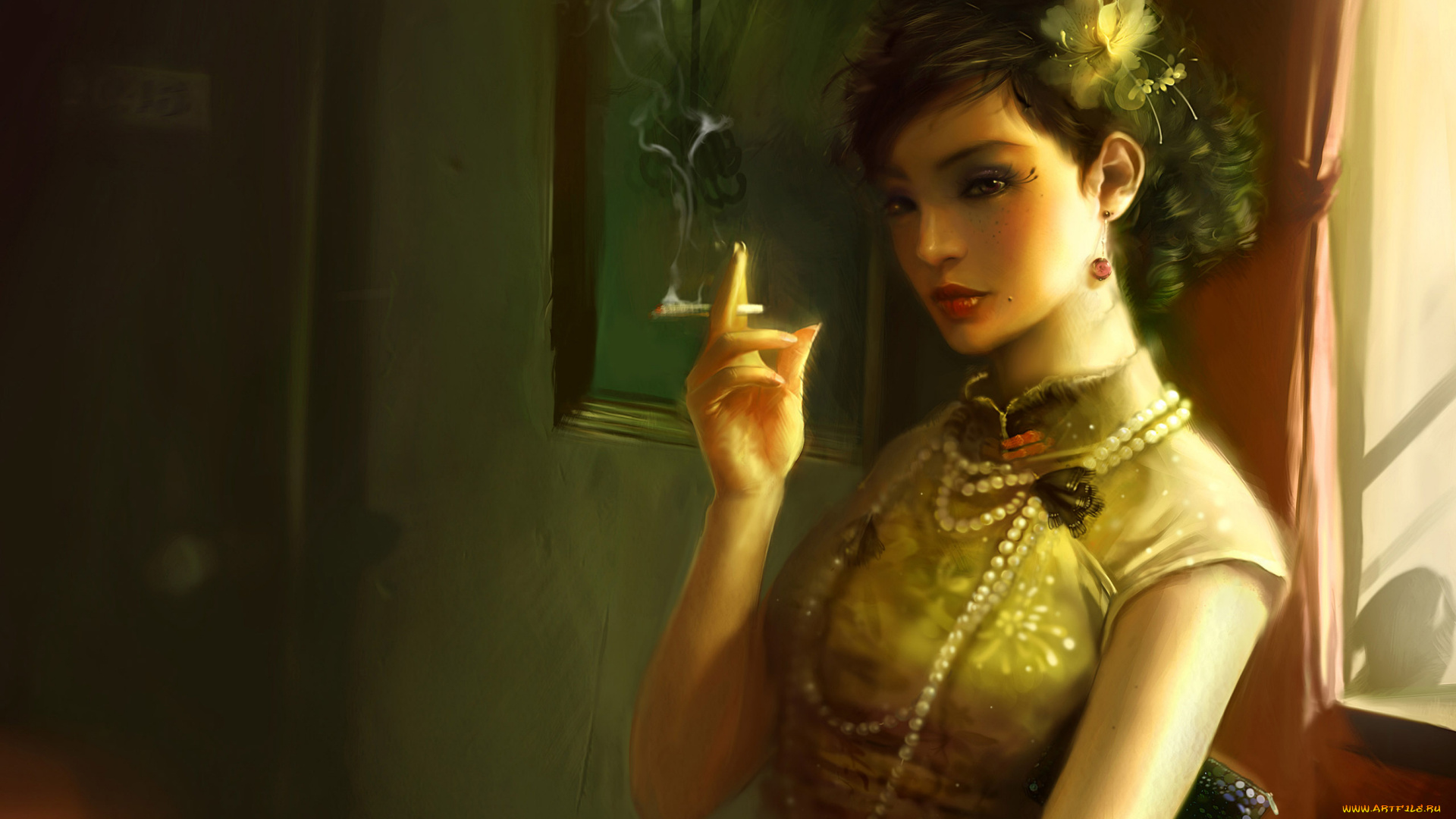 bing, xiao, фэнтези, девушки, цветок, украшение, курение, девушка, комната, сигарета