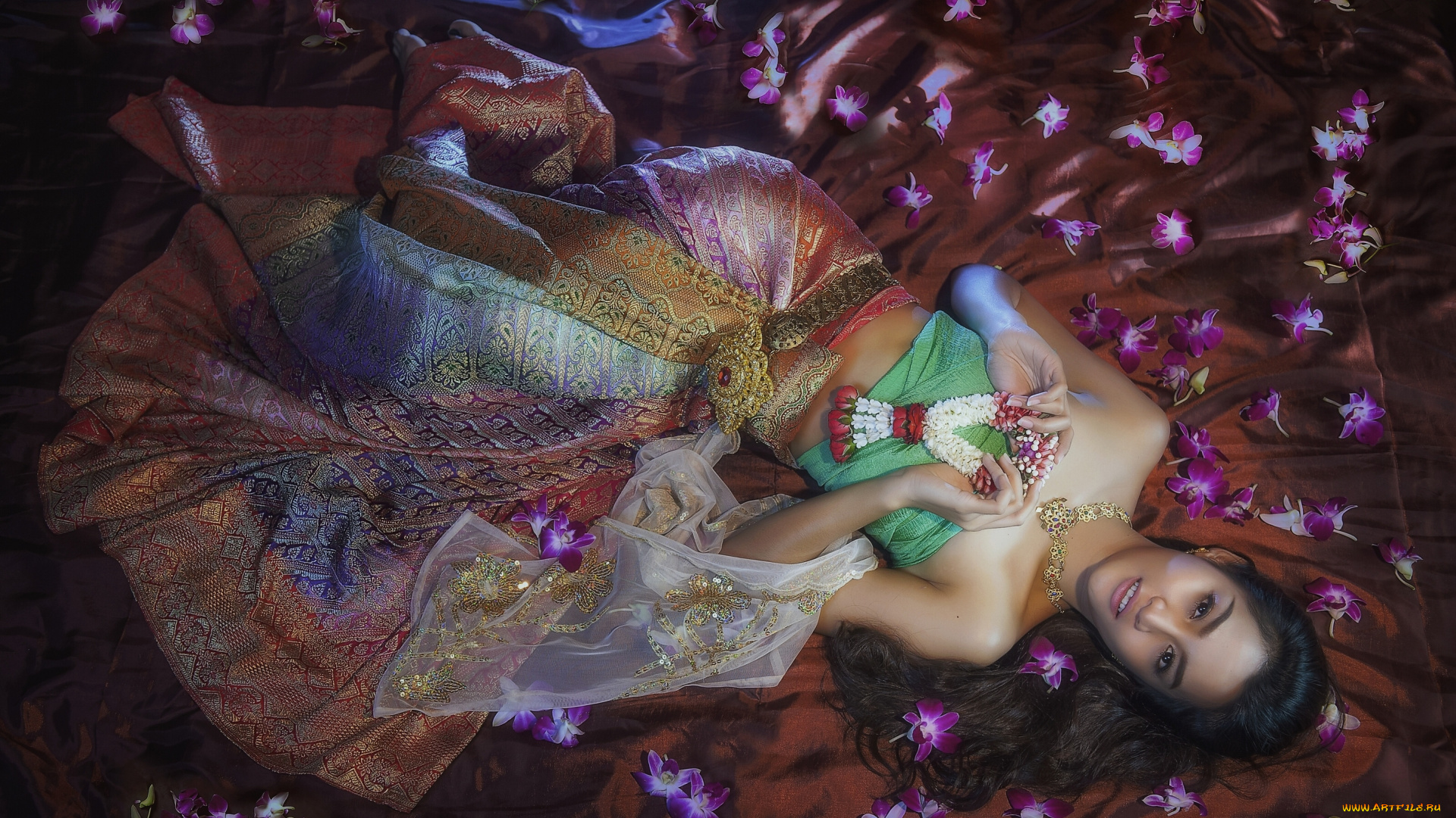 девушки, -unsort, , азиатки, наряд, азиатка, орхидеи, цветы, украшения