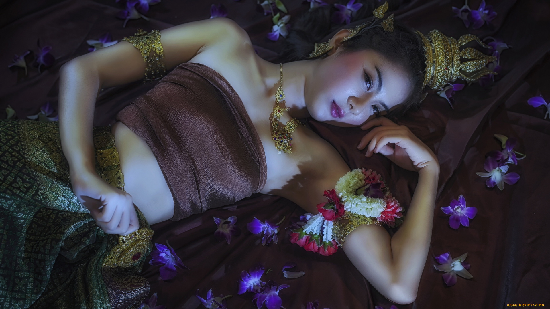 девушки, -unsort, , азиатки, орхидеи, цветы, наряд, украшения, азиатка