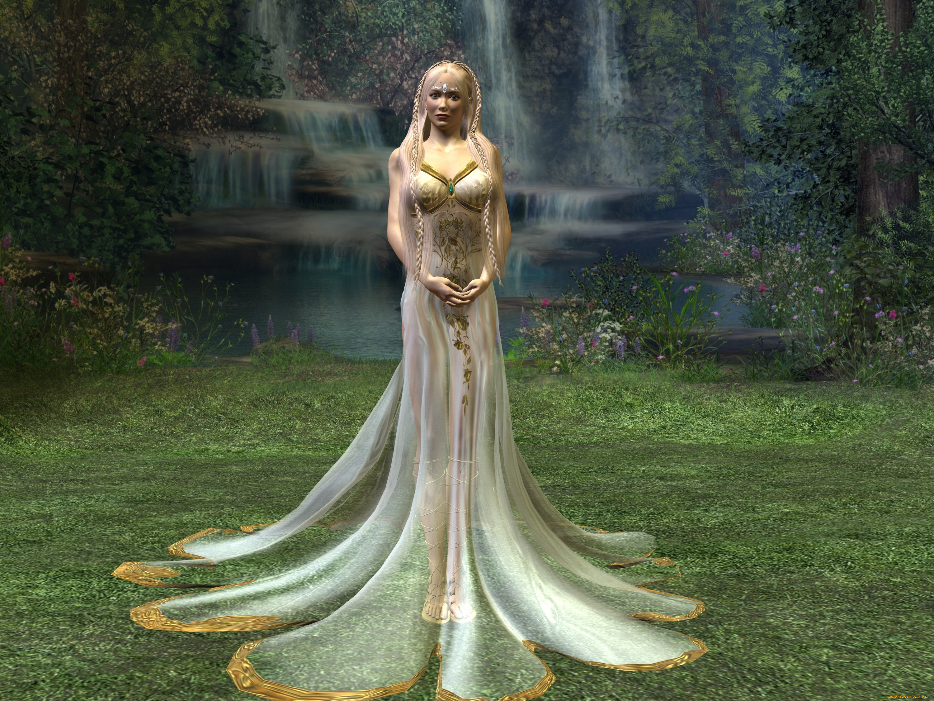 3д, графика, люди, , people, девушка, взгляд, платье, водопад