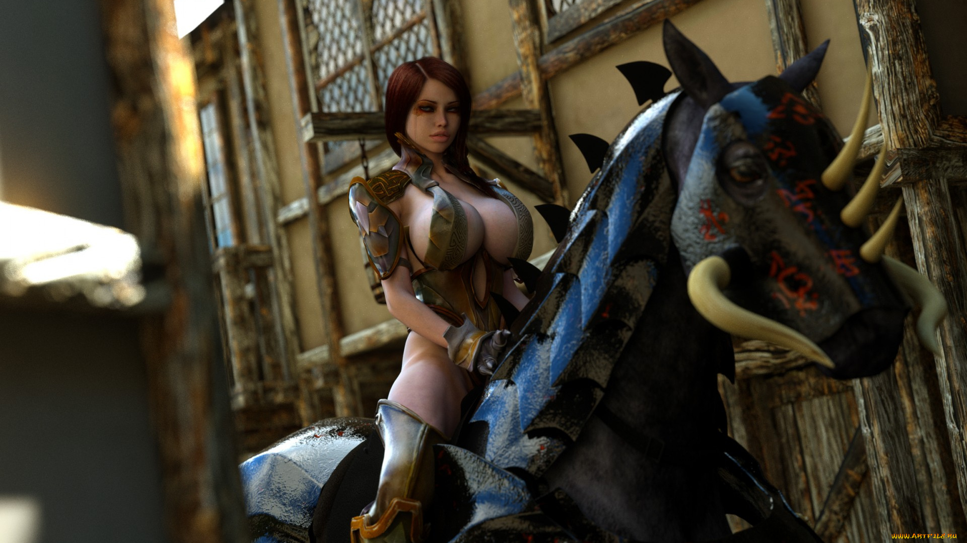 фэнтези, девушки, грудь, воительница, воин, конь, девушка