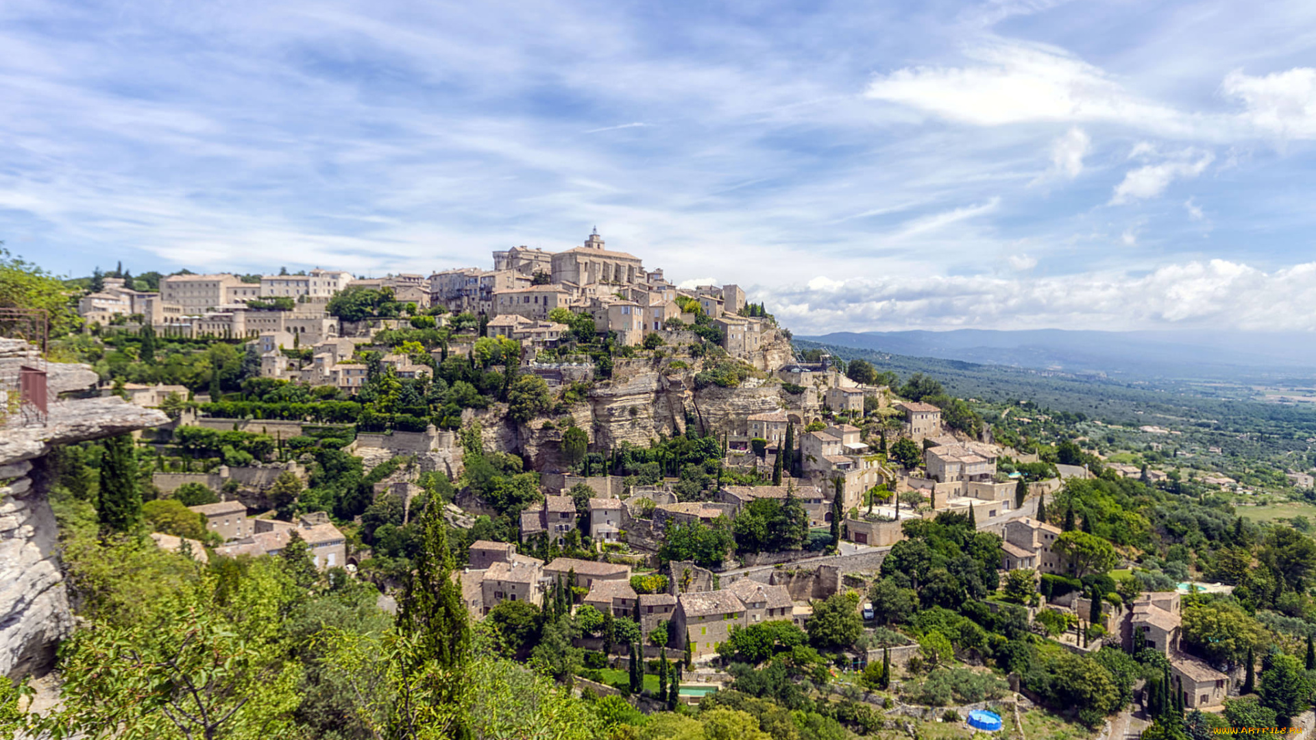 города, -, панорамы, гора, пейзаж, франция, прованс, горд, дома