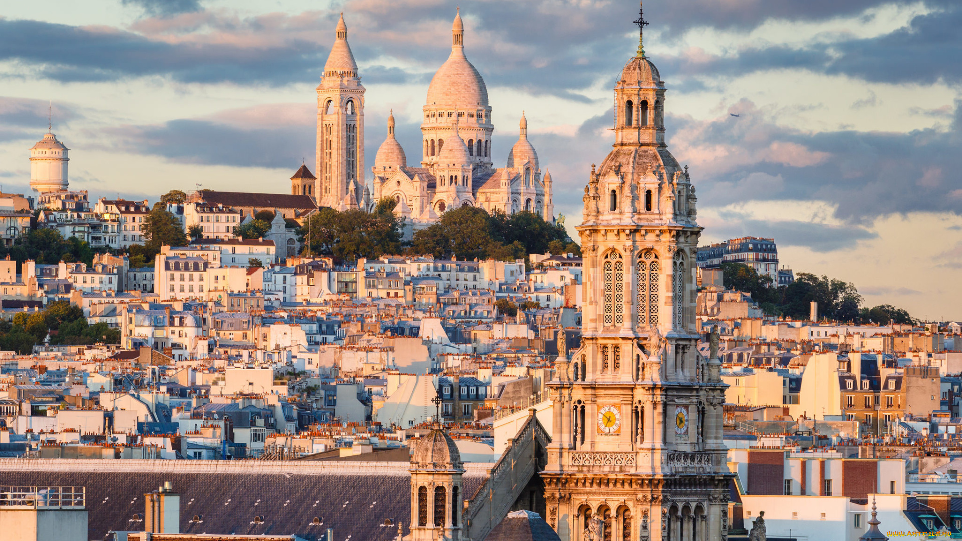 города, париж, , франция, базилика, сакре-кёр, монмартр, париж, холм, дома