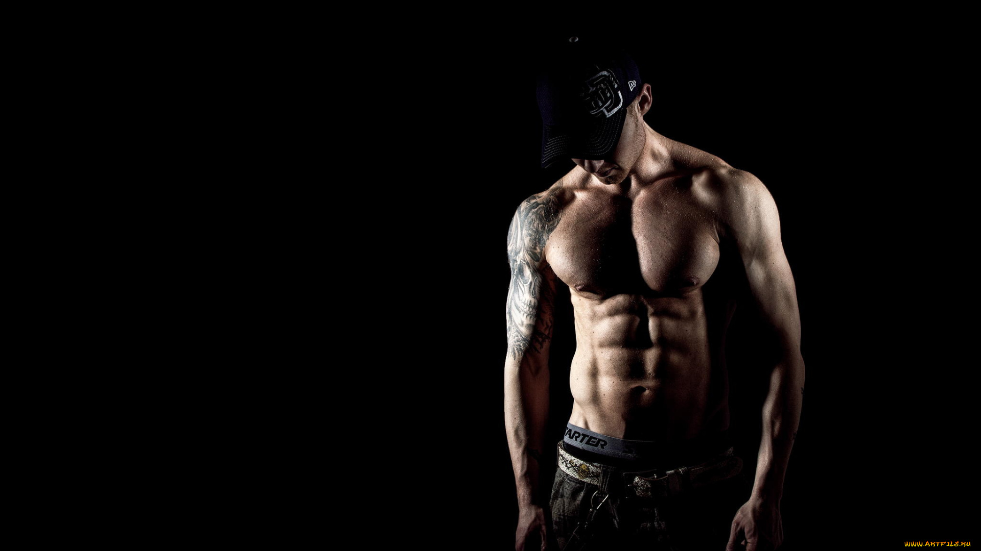 мужчины, -, unsort, парень, кепка, татуировка, тату, чёрный, фон, pose, тело, мускулы, секси, sexy, muscles