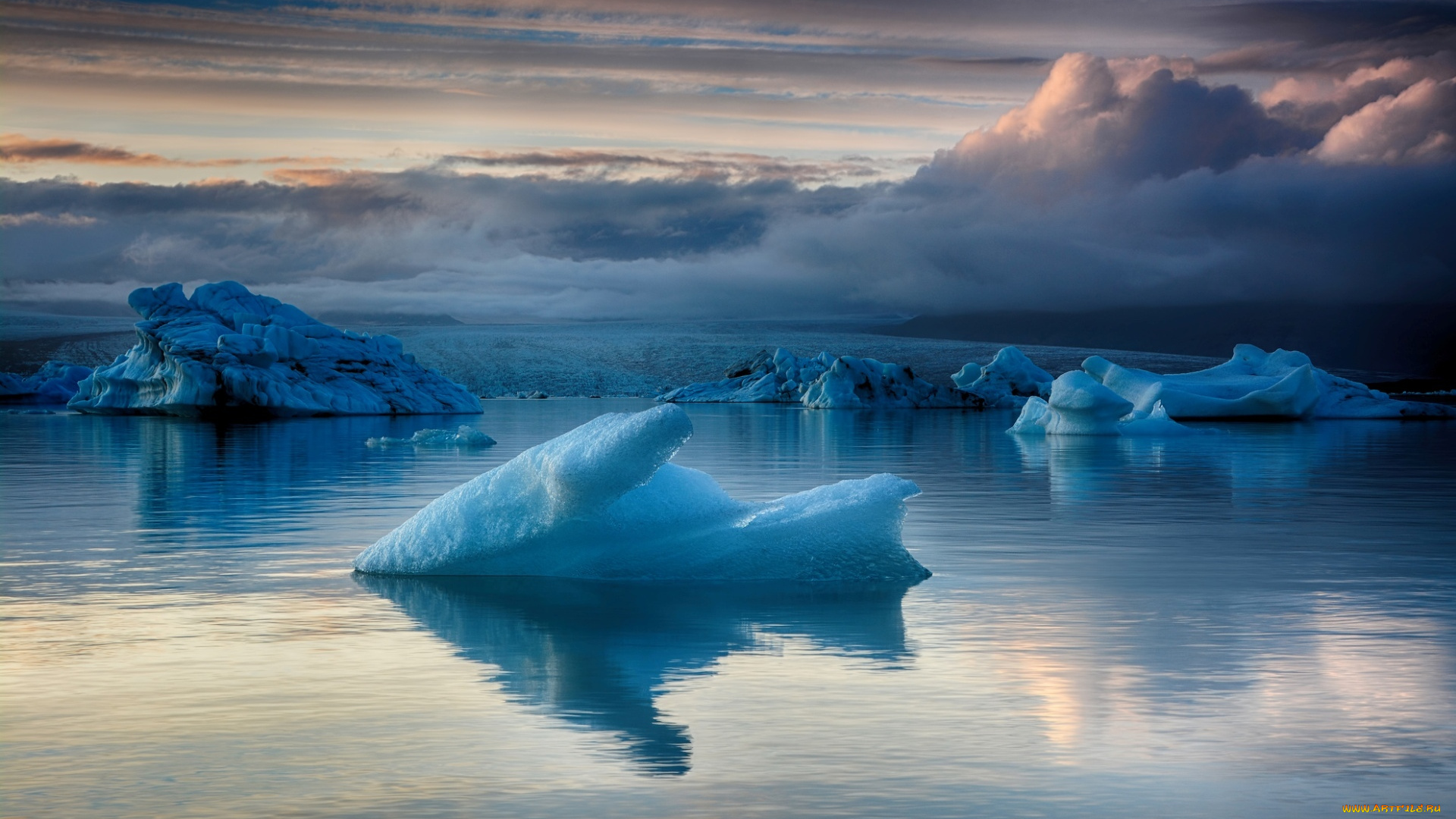 природа, айсберги, и, ледники, лёд, небо, море