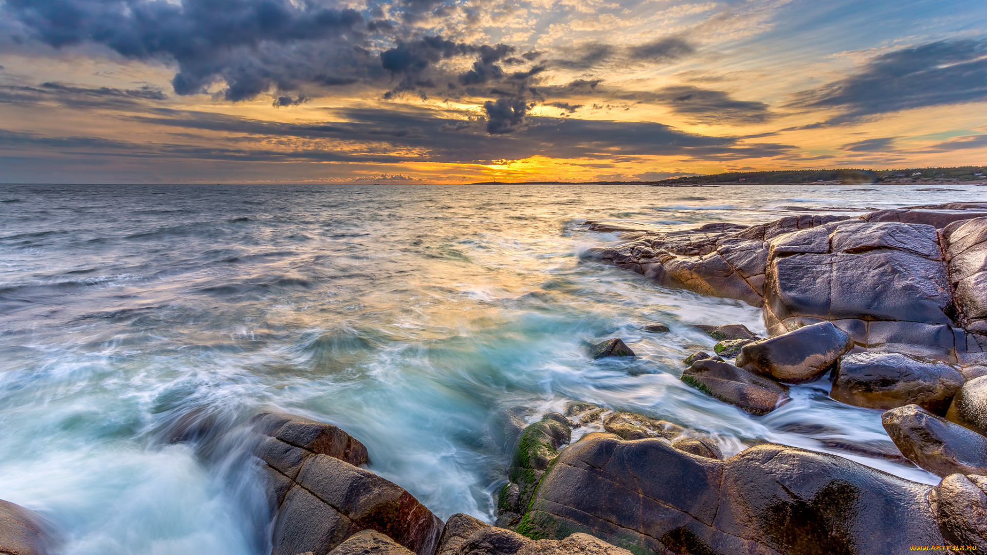 природа, моря, океаны, океан, камни, горизонт, тучи, зарево