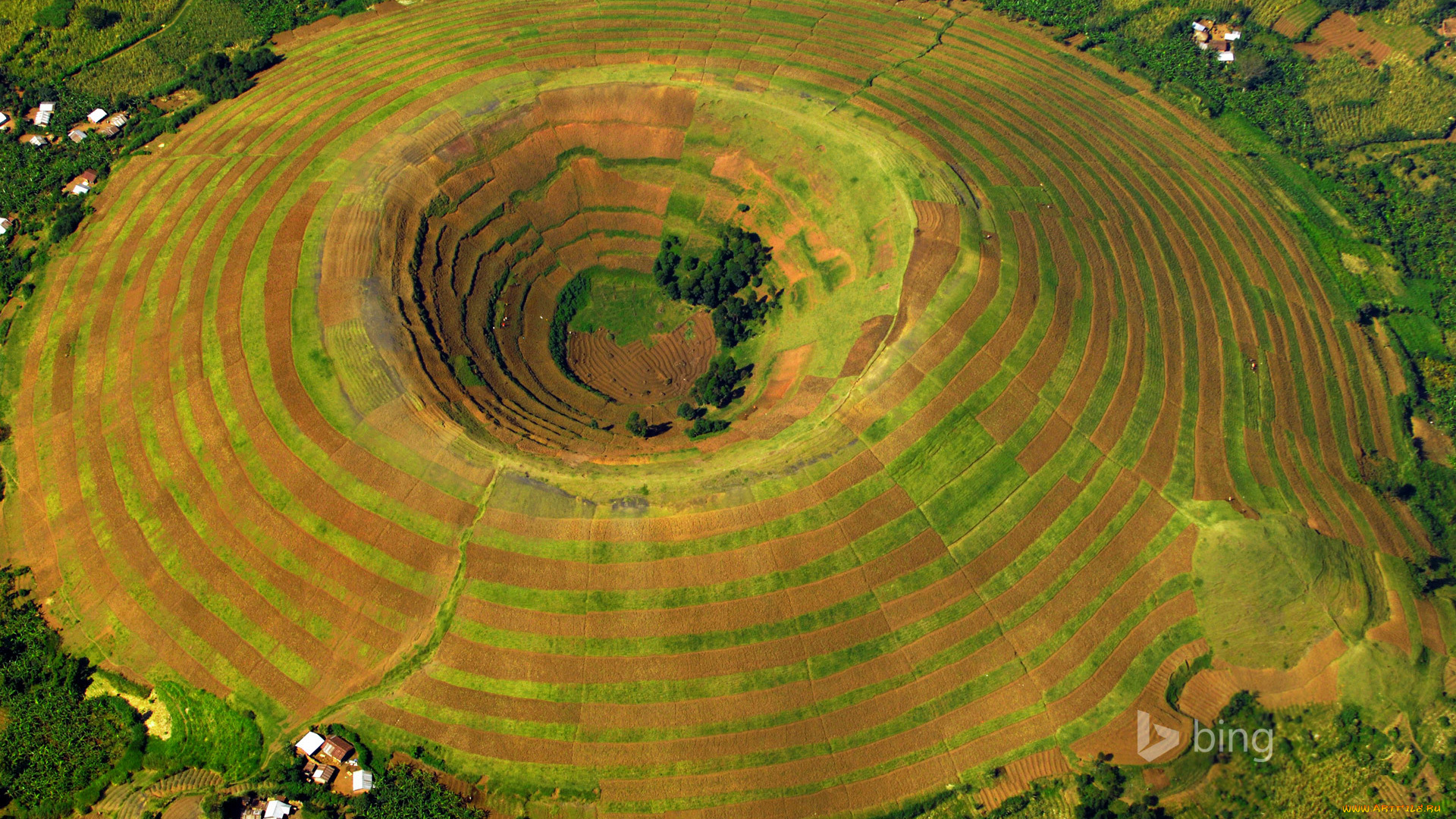 природа, поля, террасы, дома, вулкан, кисоро, уганда, кратер